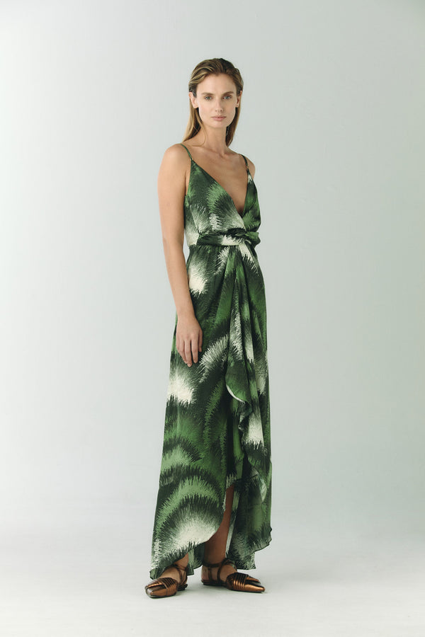 Sabina Silk Jacquard Midi Dress / Green Brushed